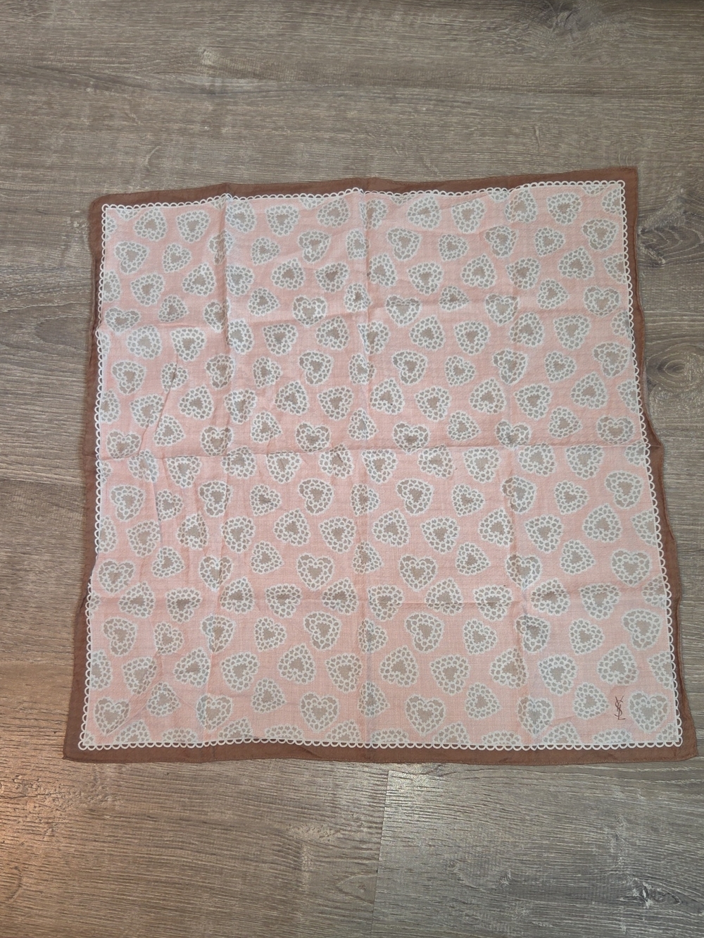 Yves Saint Laurent Pink and White Heart Cotton Handkerchif with Brown Border